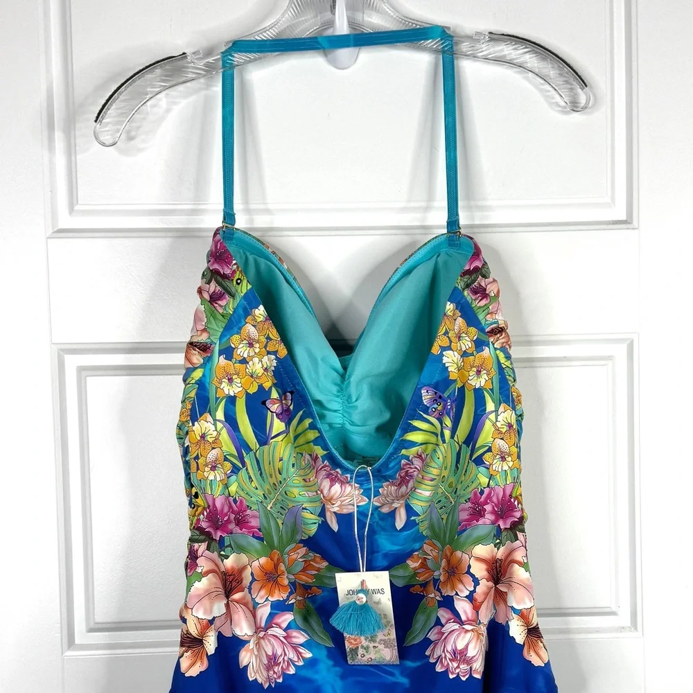 JOHNNY WAS Water Tropic Ruched Sweetheart One Piece Swimsuit NEW Size XL Blue